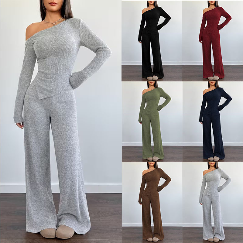 Dropped-shoulder Knit Set Womens Long-sleeve Top And Wide-leg Pants